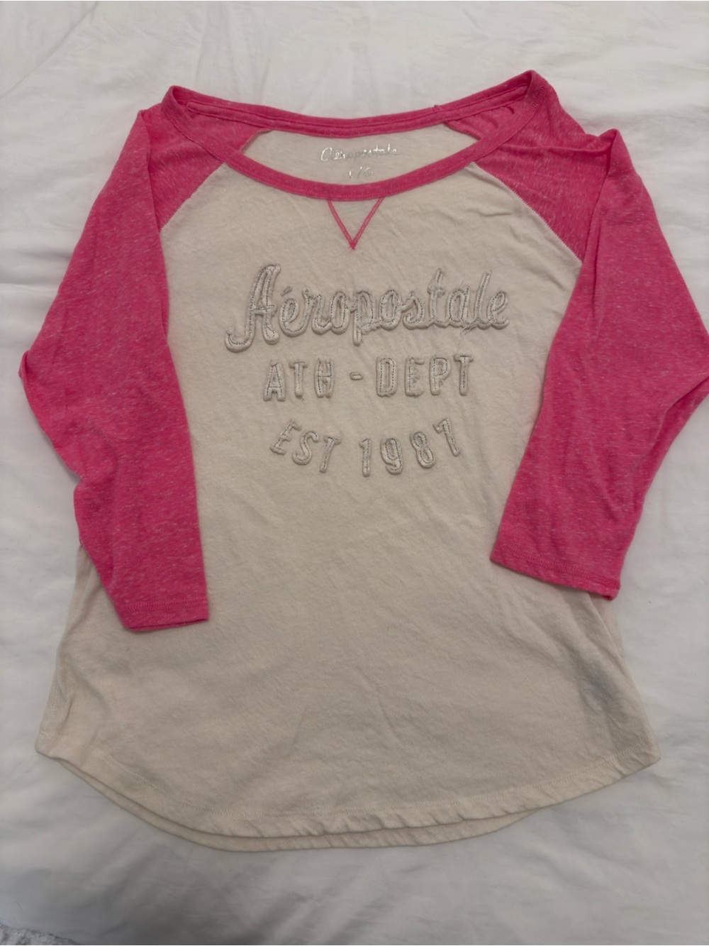 Aeropostale Pink & Cream Vintage Logo Baseball Tee